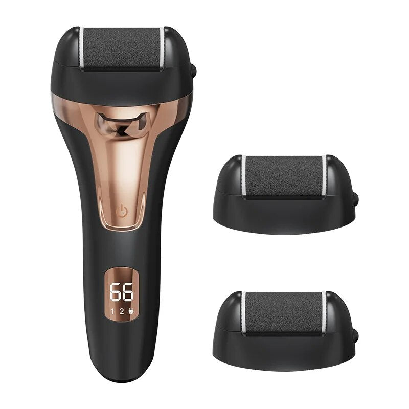 Electric Callus Remover for Feet with roller heads, USB charging cable, and cleaning brush, showcasing its sleek design and included accessories.