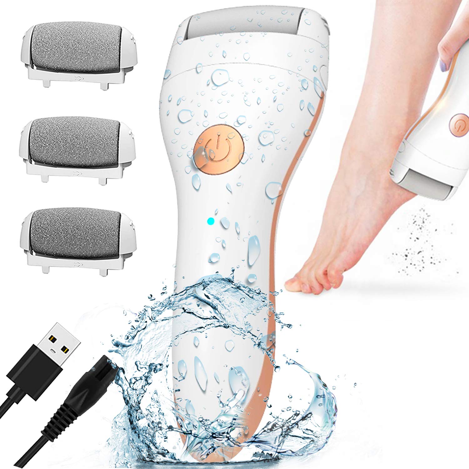 Electric Foot Callus Remover with three roller heads, USB rechargeable, and waterproof design for effective foot care.