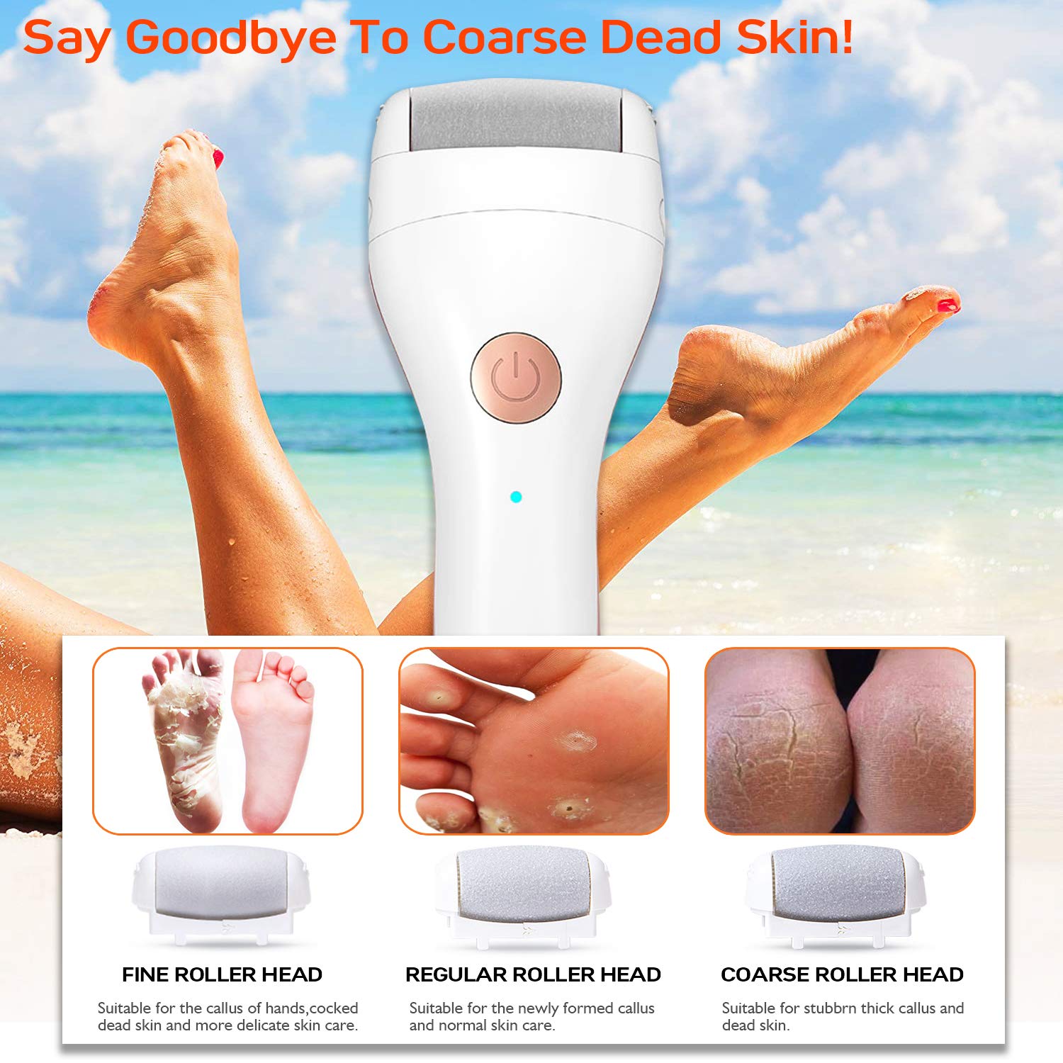 Electric Foot Callus Remover with three roller heads, USB rechargeable, and waterproof design for effective foot care.