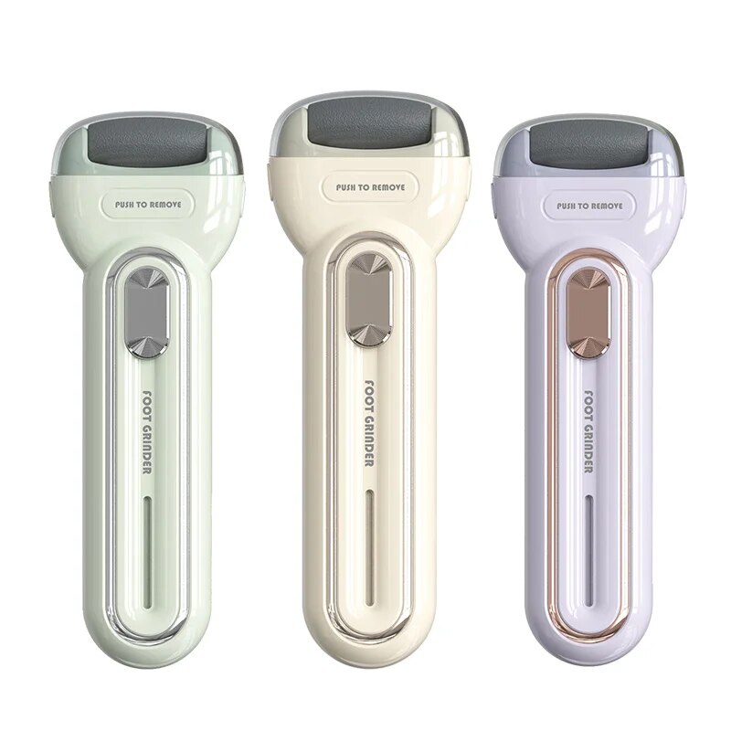 Electric Foot Grinding Skin Trimmer in beige color with two grinding heads and USB charging cable, designed for effective foot care.