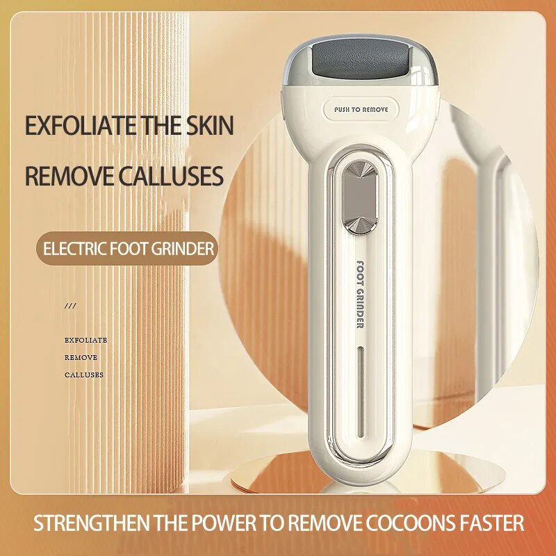 Electric Foot Grinding Skin Trimmer in beige color with two grinding heads and USB charging cable, designed for effective foot care.