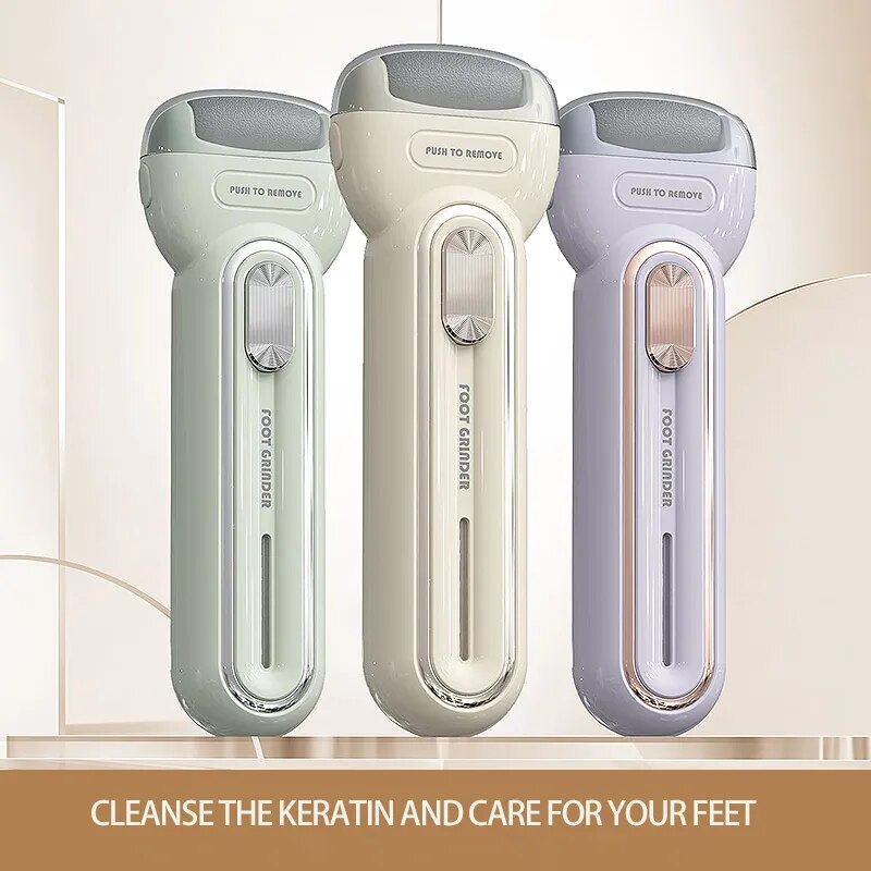 Electric Foot Grinding Skin Trimmer in beige color with two grinding heads and USB charging cable, designed for effective foot care.