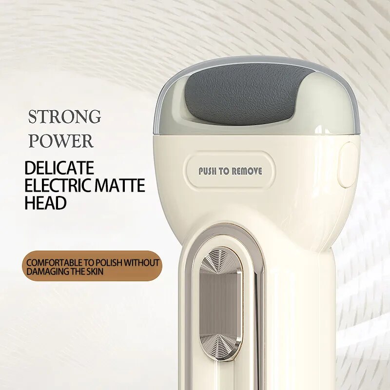 Electric Foot Grinding Skin Trimmer in beige color with two grinding heads and USB charging cable, designed for effective foot care.