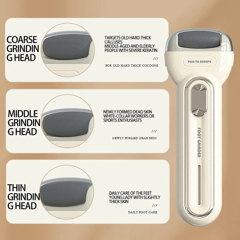 Electric Foot Grinding Skin Trimmer in beige color with two grinding heads and USB charging cable, designed for effective foot care.