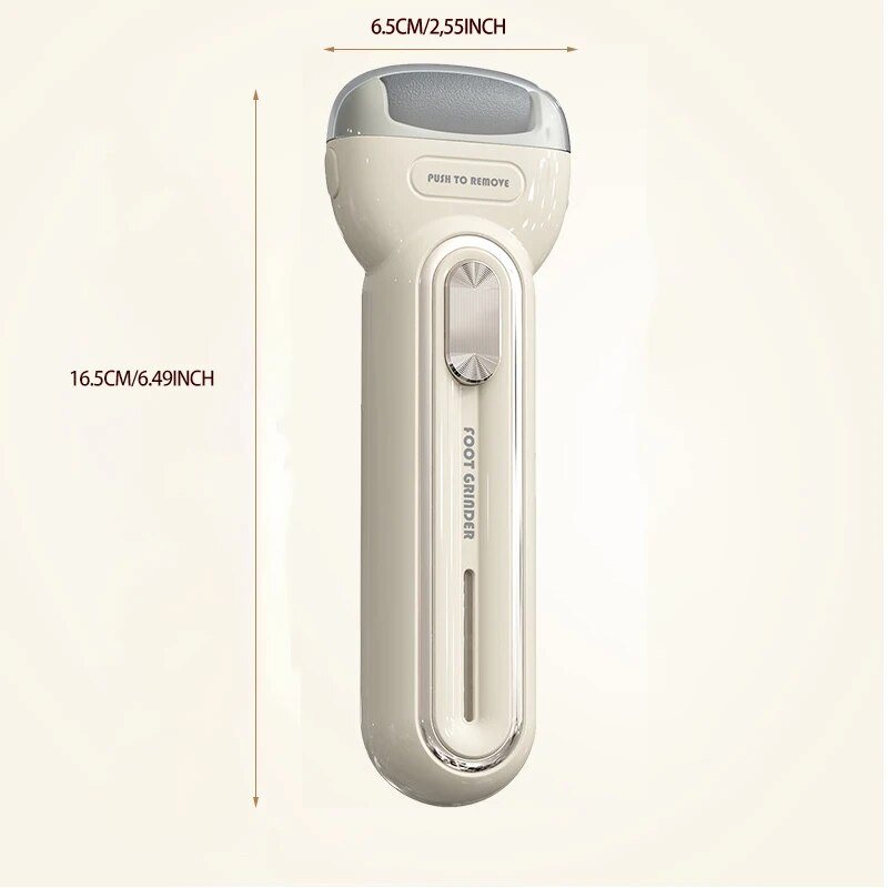 Electric Foot Grinding Skin Trimmer in beige color with two grinding heads and USB charging cable, designed for effective foot care.