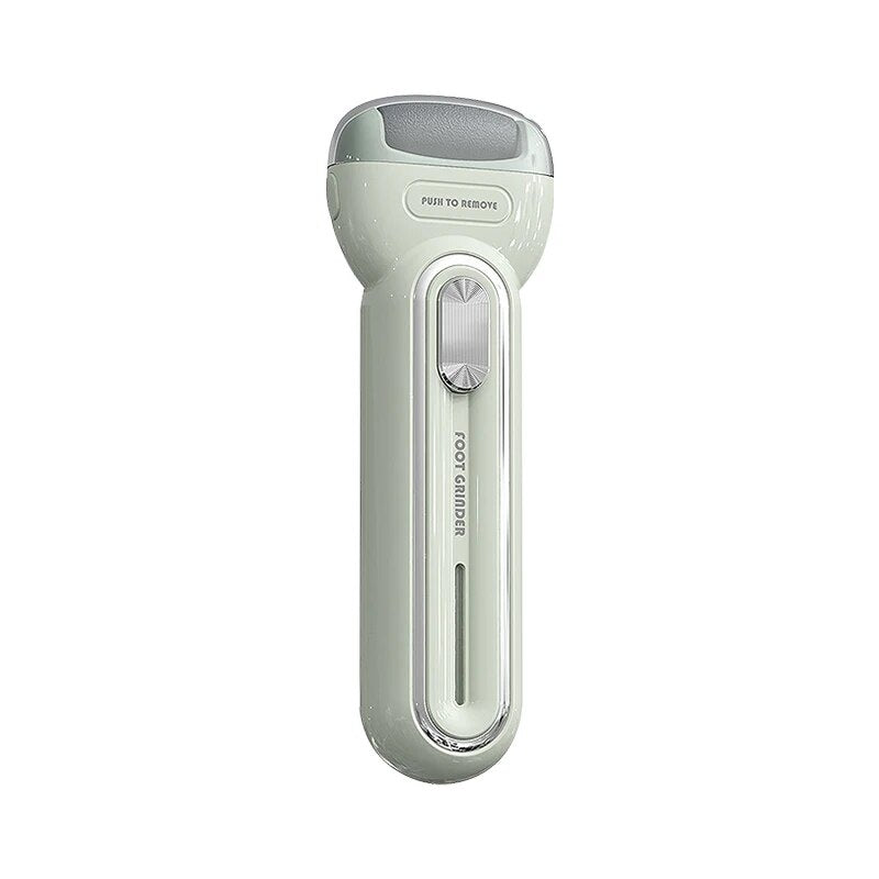 Electric Foot Grinding Skin Trimmer in beige color with two grinding heads and USB charging cable, designed for effective foot care.