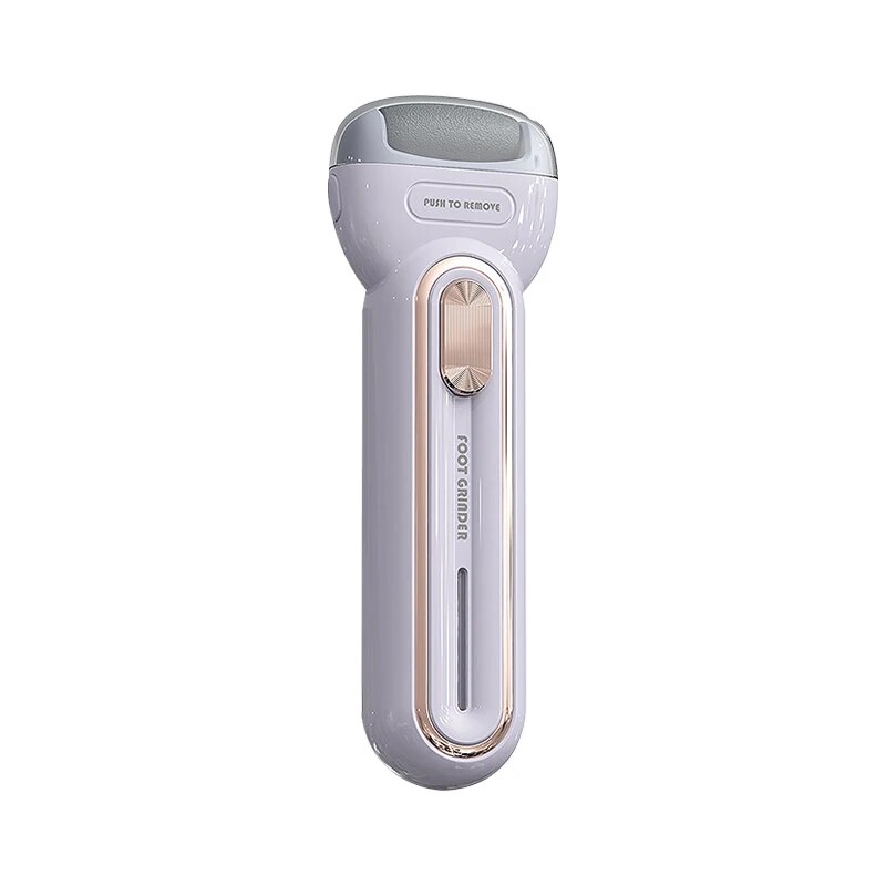 Electric Foot Grinding Skin Trimmer in beige color with two grinding heads and USB charging cable, designed for effective foot care.