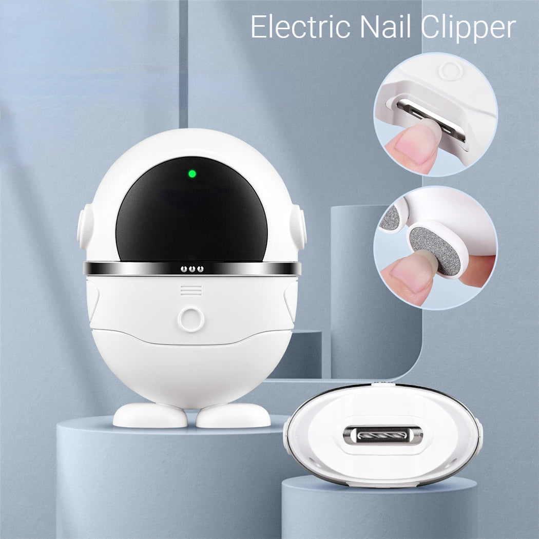 Electric Nail Clipper in black and white, designed for safe and automatic nail trimming for all ages.