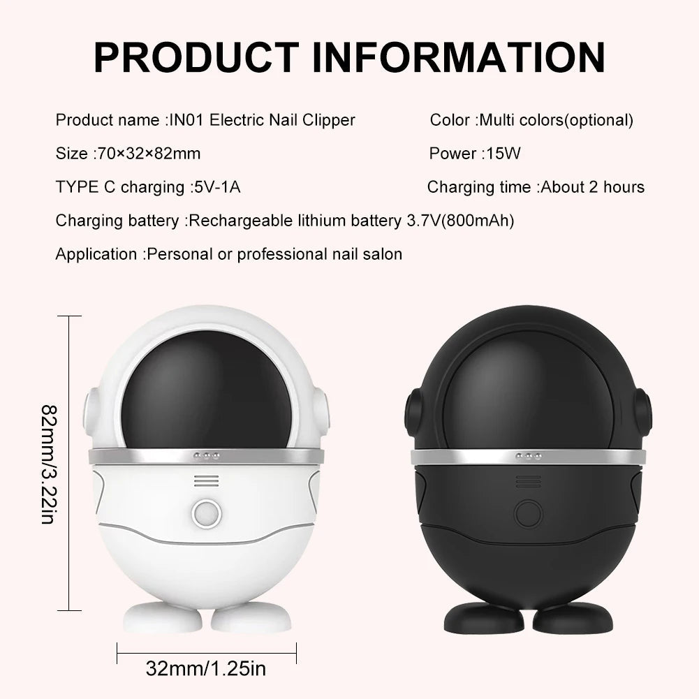 Electric Nail Clipper in black and white, designed for safe and automatic nail trimming for all ages.