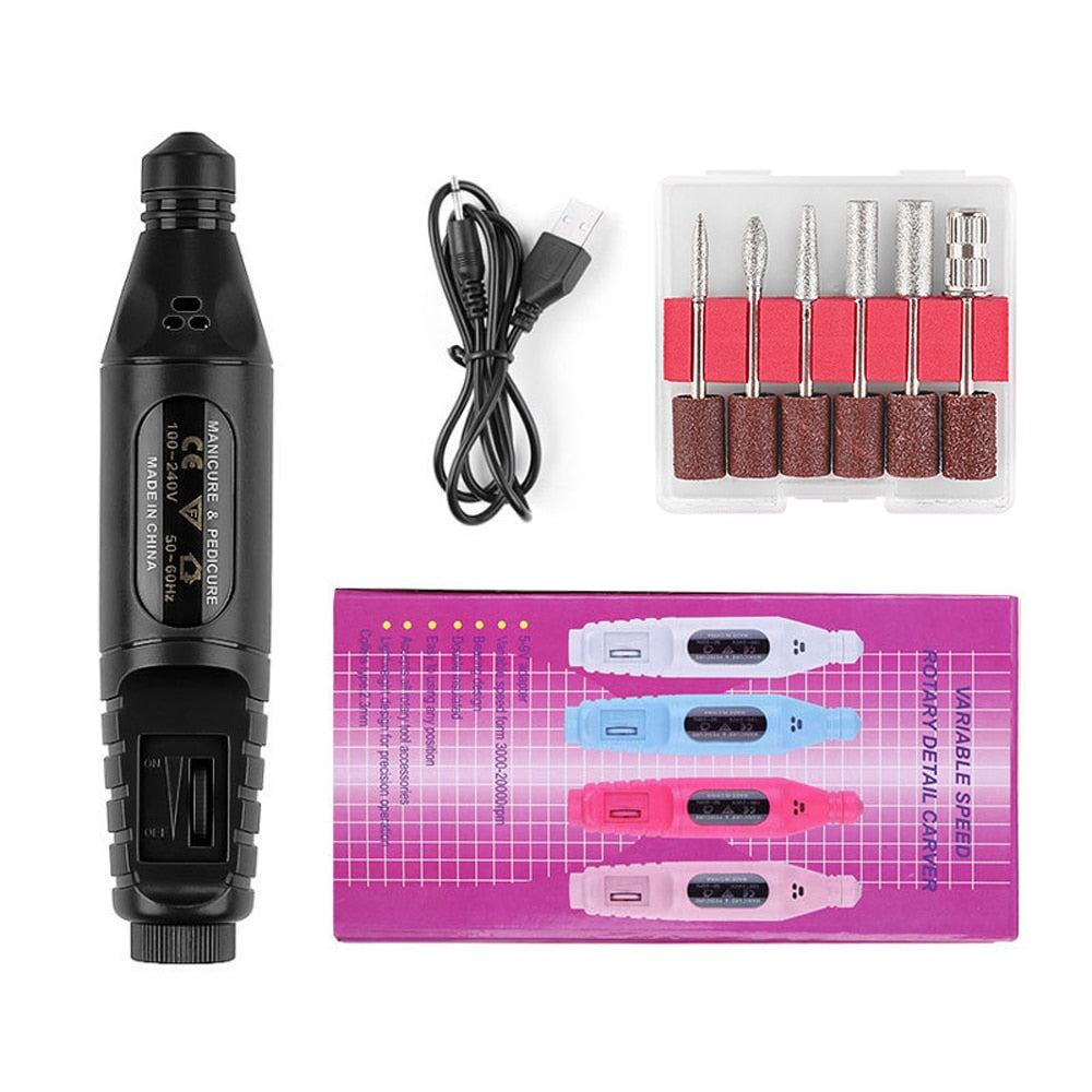 Electric Nail Drill Machine 20000RPM with drill bits and USB cable, designed for professional nail care.