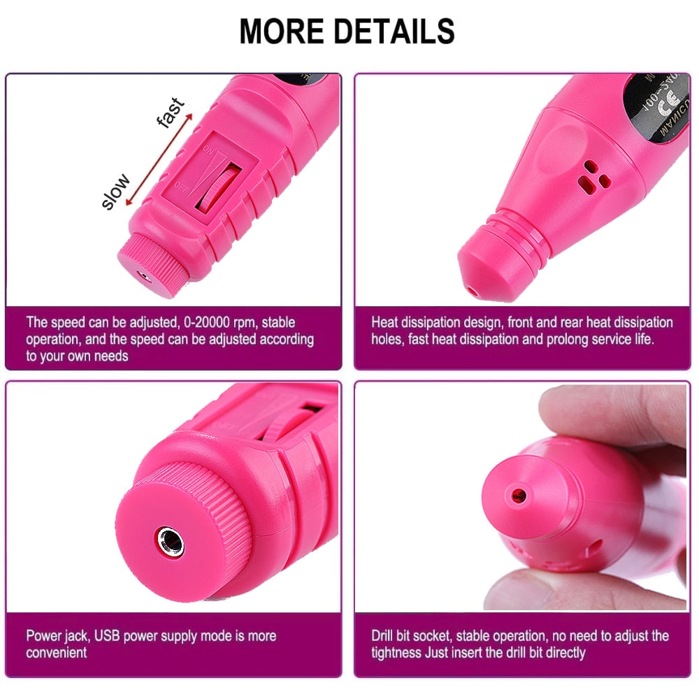 Electric Nail Drill Machine 20000RPM with drill bits and USB cable, designed for professional nail care.