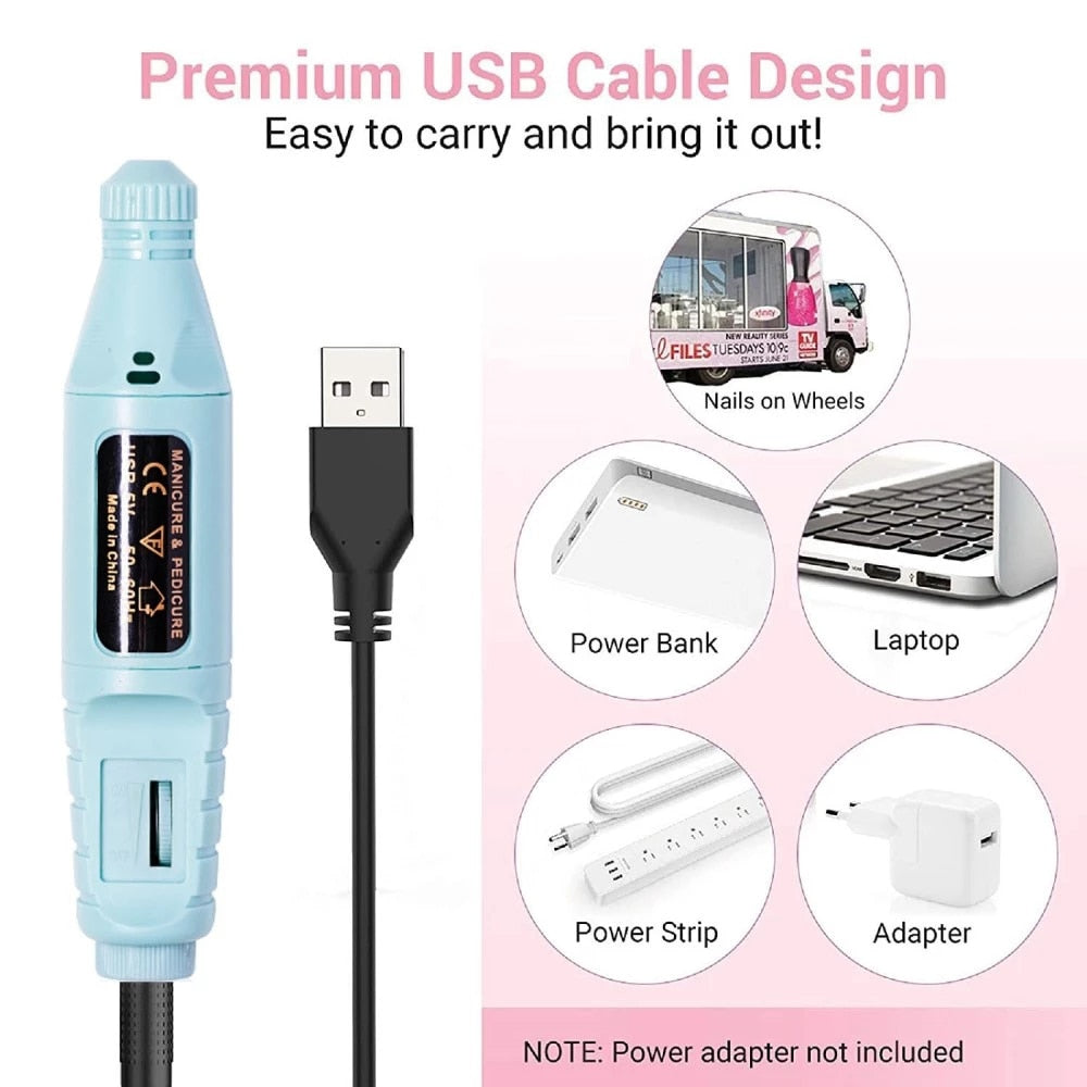 Electric Nail Drill Machine 20000RPM with drill bits and USB cable, designed for professional nail care.