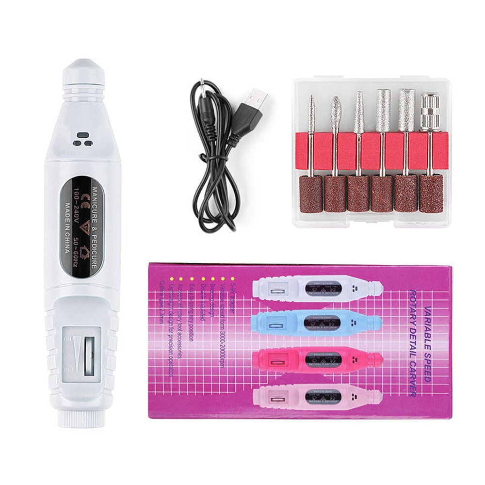 Electric Nail Drill Machine 20000RPM with drill bits and USB cable, designed for professional nail care.