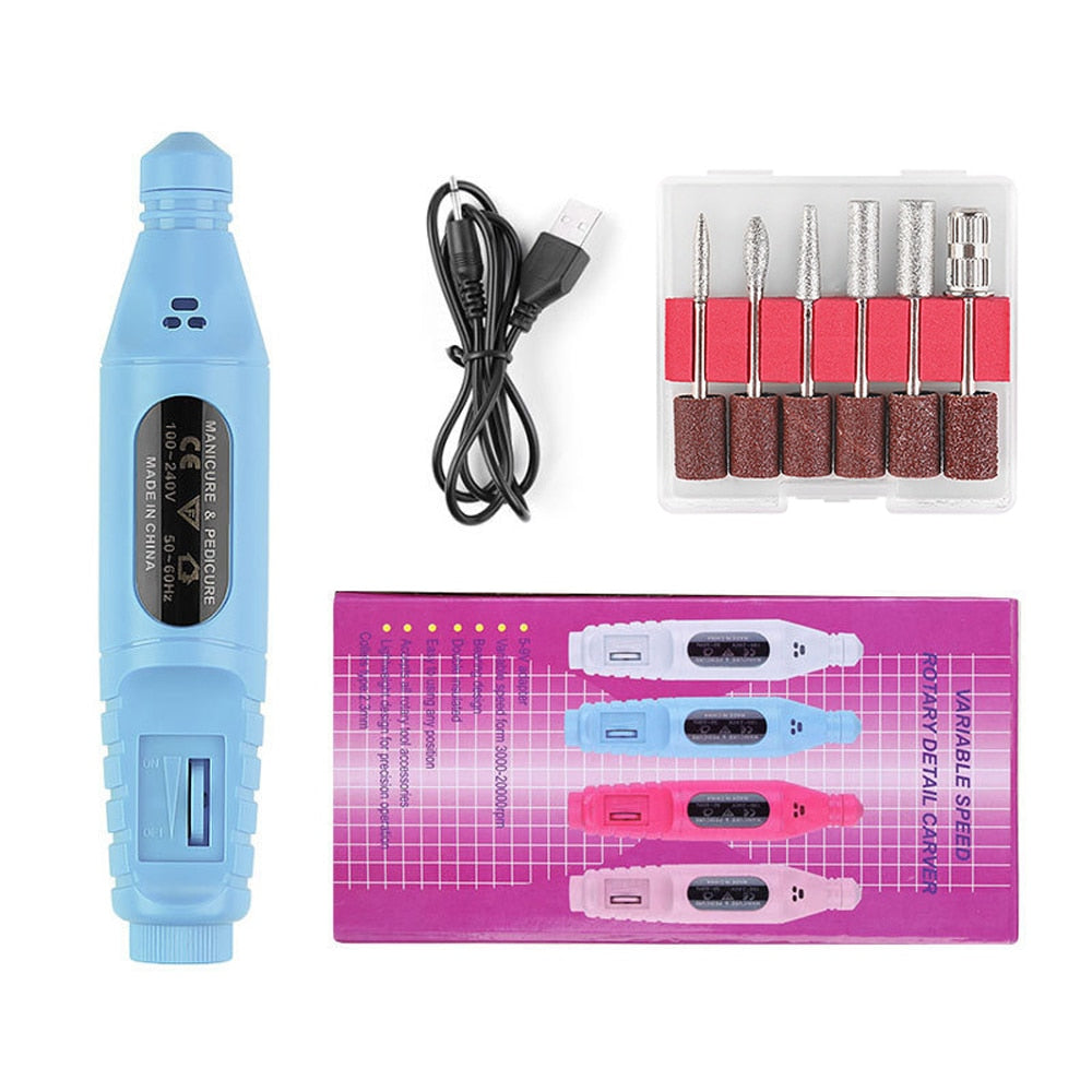 Electric Nail Drill Machine 20000RPM with drill bits and USB cable, designed for professional nail care.