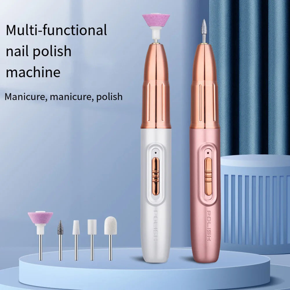 Electric Nail Drill Machine in Rose Gold color with milling cutter set for manicures, showcasing its portable design and included accessories.