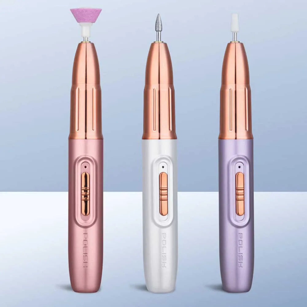 Electric Nail Drill Machine in Rose Gold color with milling cutter set for manicures, showcasing its portable design and included accessories.