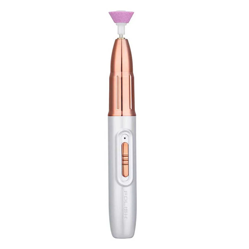 Electric Nail Drill Machine in Rose Gold color with milling cutter set for manicures, showcasing its portable design and included accessories.