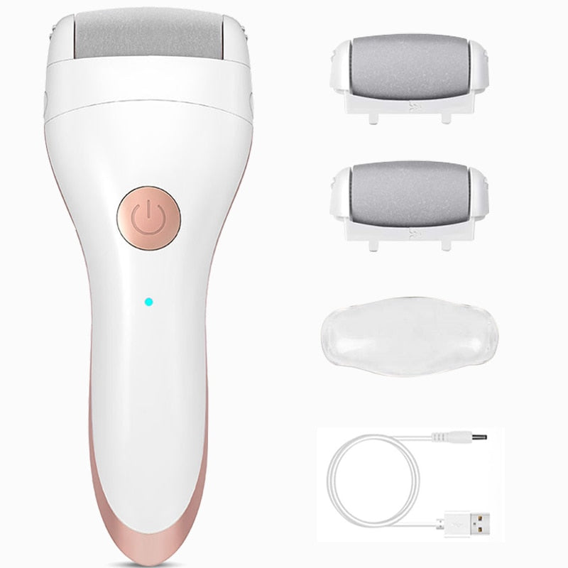 Electric Pedicure Foot Grinder with dual roller heads, USB charging cable, and dust cover, designed for effective foot exfoliation.