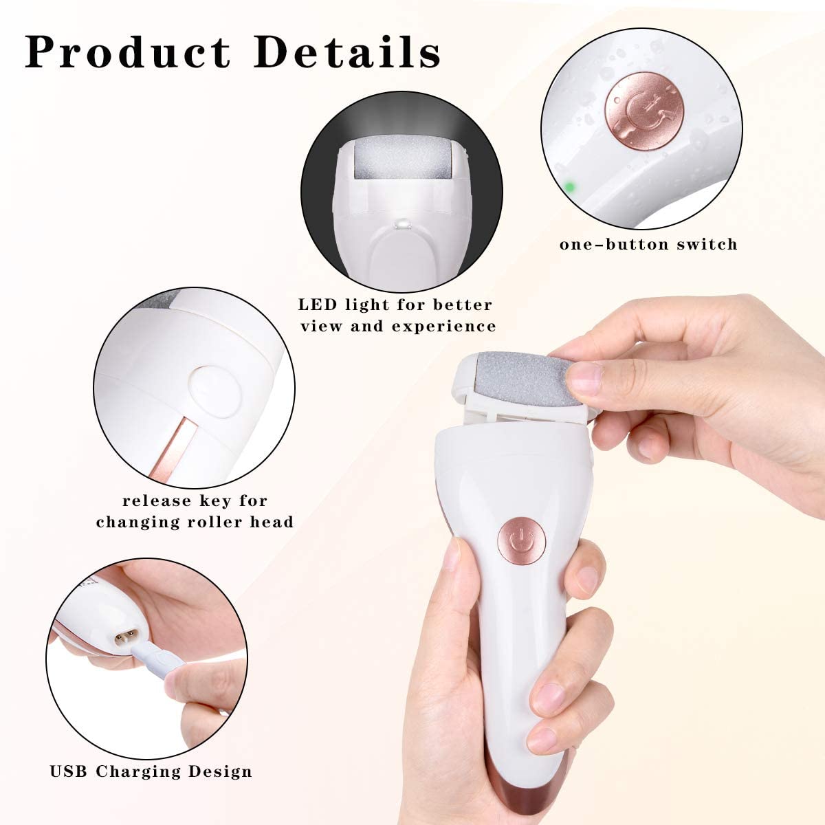 Electric Pedicure Foot Grinder with dual roller heads, USB charging cable, and dust cover, designed for effective foot exfoliation.