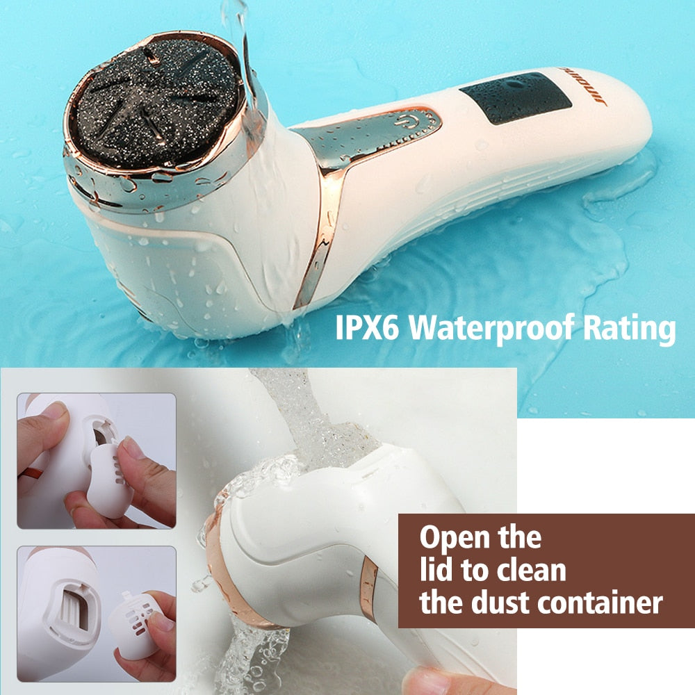 Electric Pedicure Tools with three grinding heads, designed for effective foot care and waterproof use.