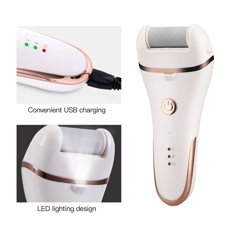 Electric Pedicure Tools featuring USB rechargeable design, natural quartz grinding head, and LED lighting for effective foot care.