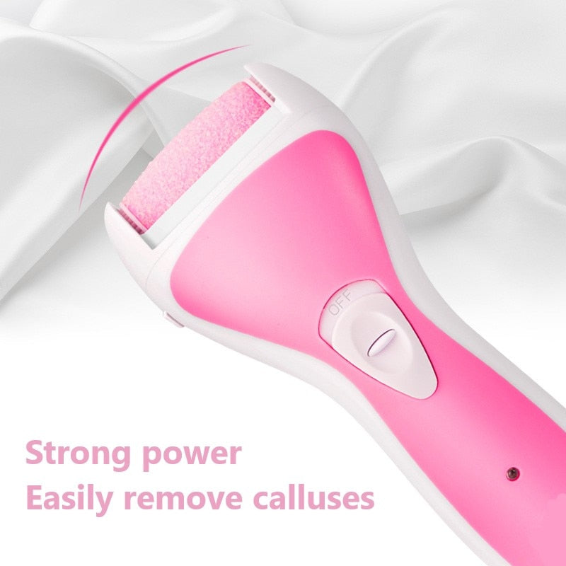 Electric Rechargeable Pedicure Foot Care Tool in pink and purple, featuring removable grinding heads and USB charging capability.