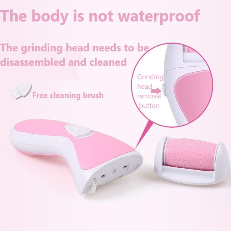 Electric Rechargeable Pedicure Foot Care Tool in pink and purple, featuring removable grinding heads and USB charging capability.