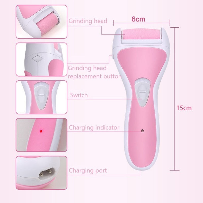 Electric Rechargeable Pedicure Foot Care Tool in pink and purple, featuring removable grinding heads and USB charging capability.