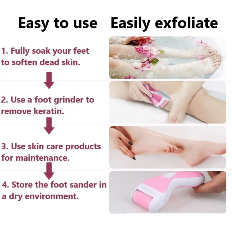 Electric Rechargeable Pedicure Foot Care Tool in pink and purple, featuring removable grinding heads and USB charging capability.