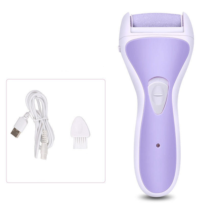 Electric Rechargeable Pedicure Foot Care Tool in pink and purple, featuring removable grinding heads and USB charging capability.