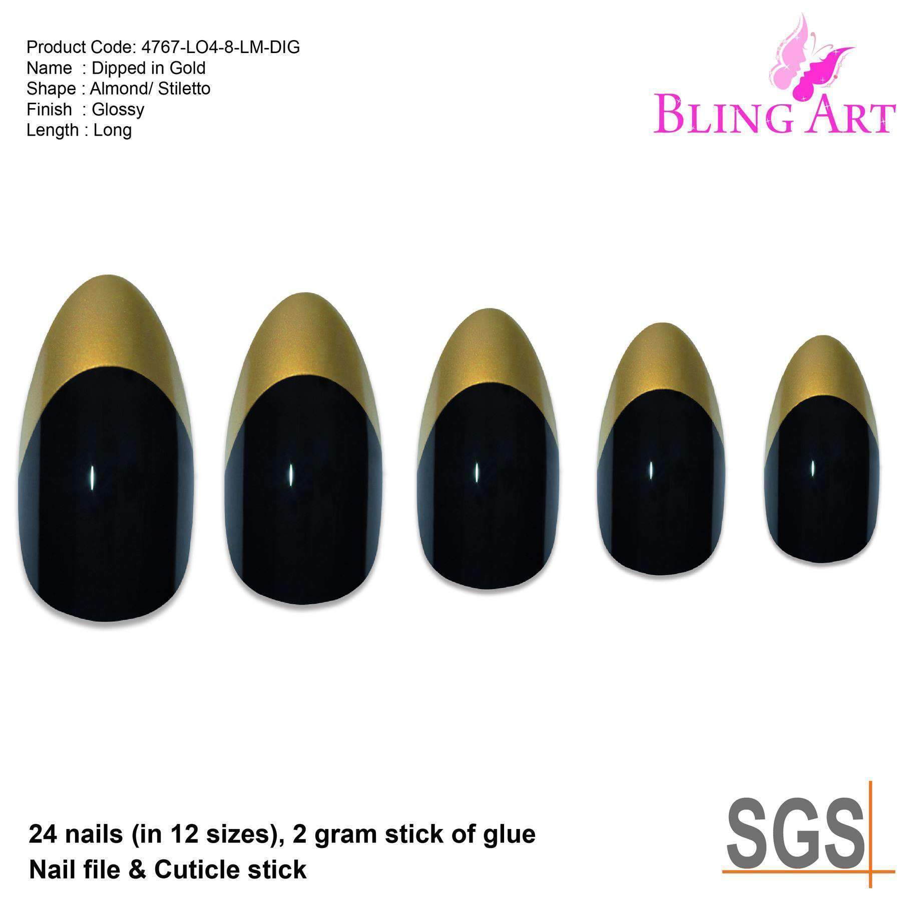 A set of Bling Art Black Gold Almond Stiletto Long Fake Acrylic Nails featuring a glossy black base with luxurious gold tips, accompanied by glue, a nail file, and a cuticle stick.