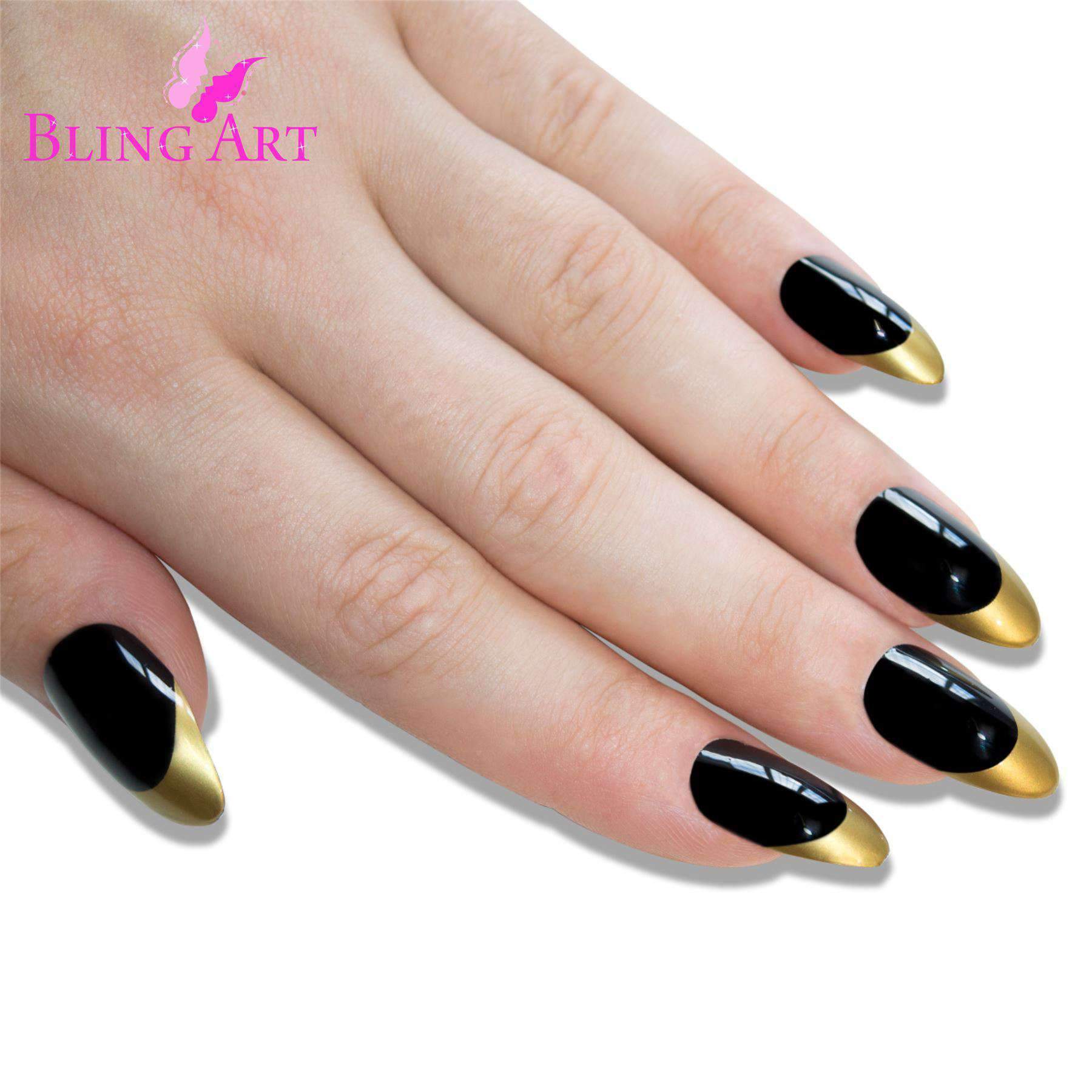 A set of Bling Art Black Gold Almond Stiletto Long Fake Acrylic Nails featuring a glossy black base with luxurious gold tips, accompanied by glue, a nail file, and a cuticle stick.