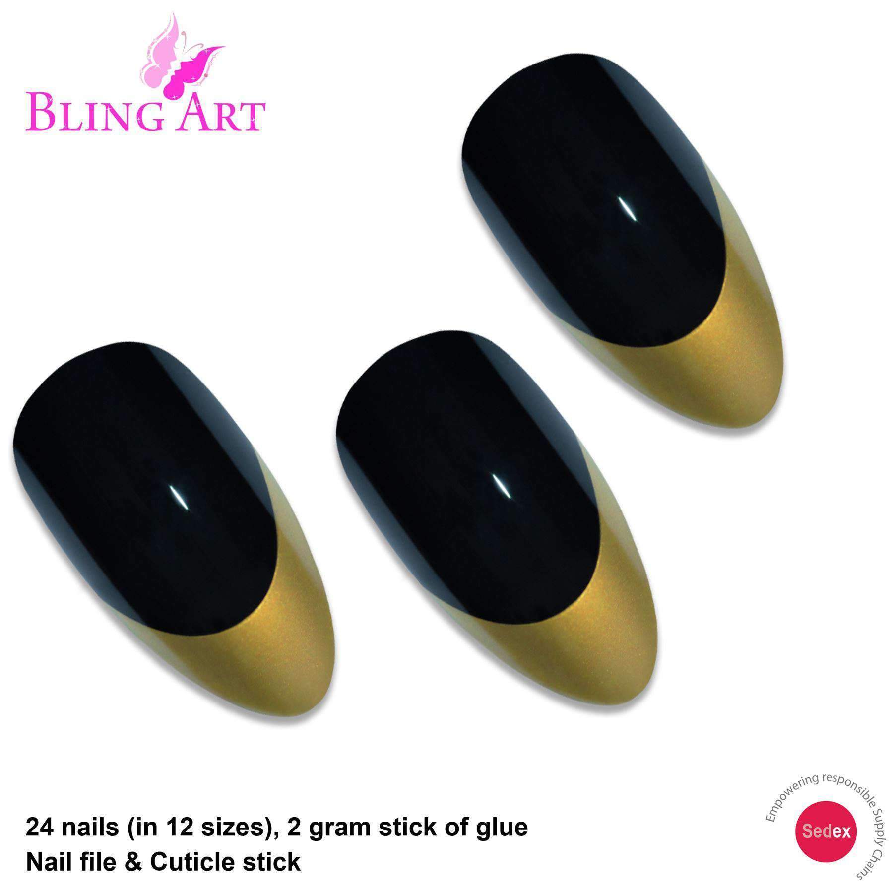 A set of Bling Art Black Gold Almond Stiletto Long Fake Acrylic Nails featuring a glossy black base with luxurious gold tips, accompanied by glue, a nail file, and a cuticle stick.