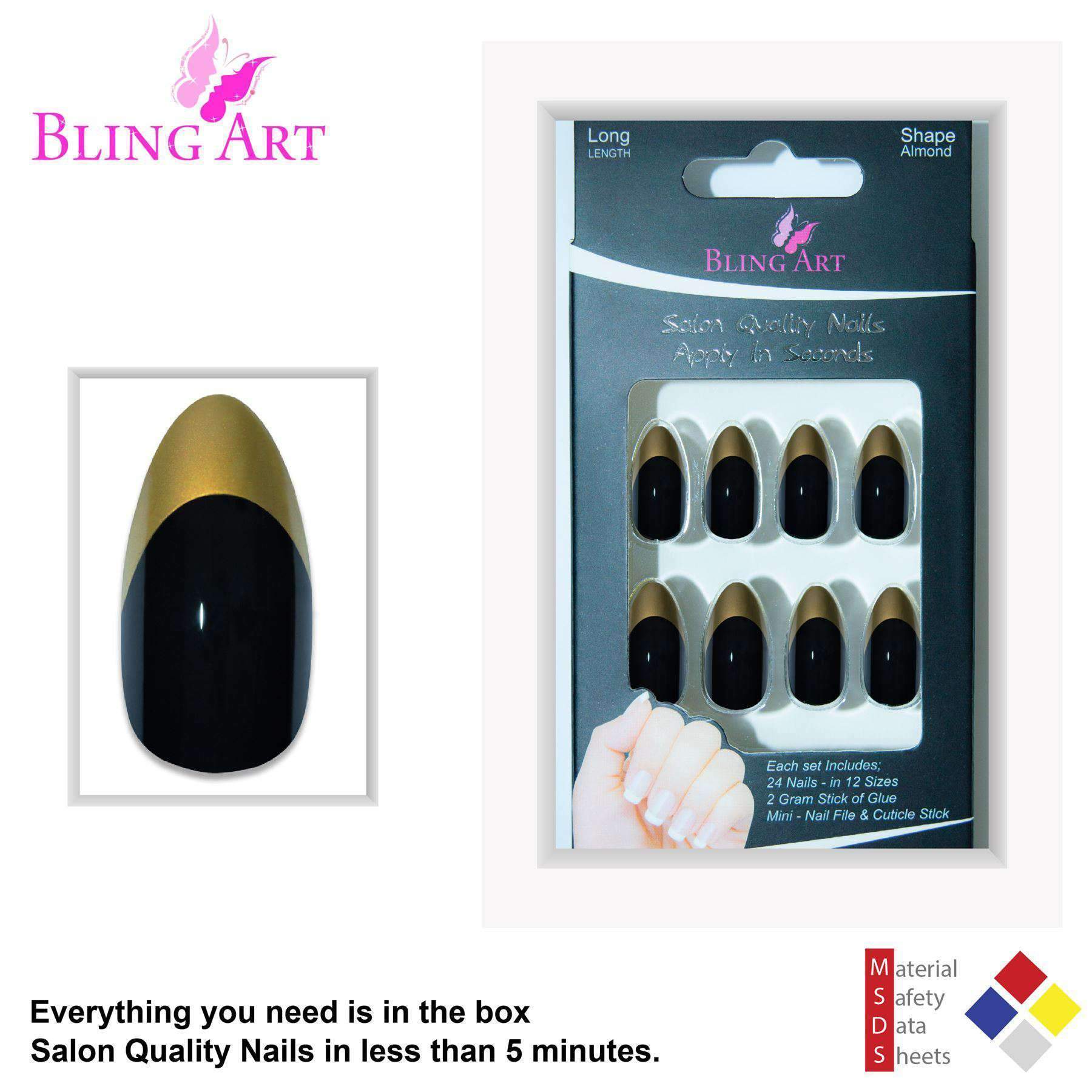 A set of Bling Art Black Gold Almond Stiletto Long Fake Acrylic Nails featuring a glossy black base with luxurious gold tips, accompanied by glue, a nail file, and a cuticle stick.