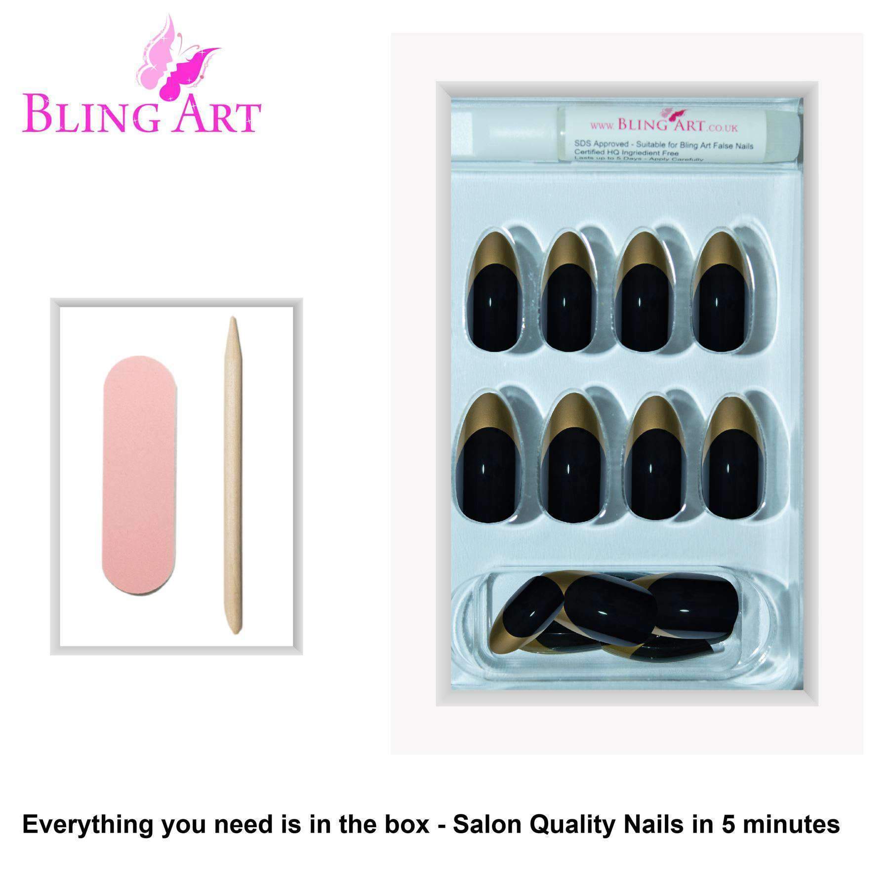 A set of Bling Art Black Gold Almond Stiletto Long Fake Acrylic Nails featuring a glossy black base with luxurious gold tips, accompanied by glue, a nail file, and a cuticle stick.