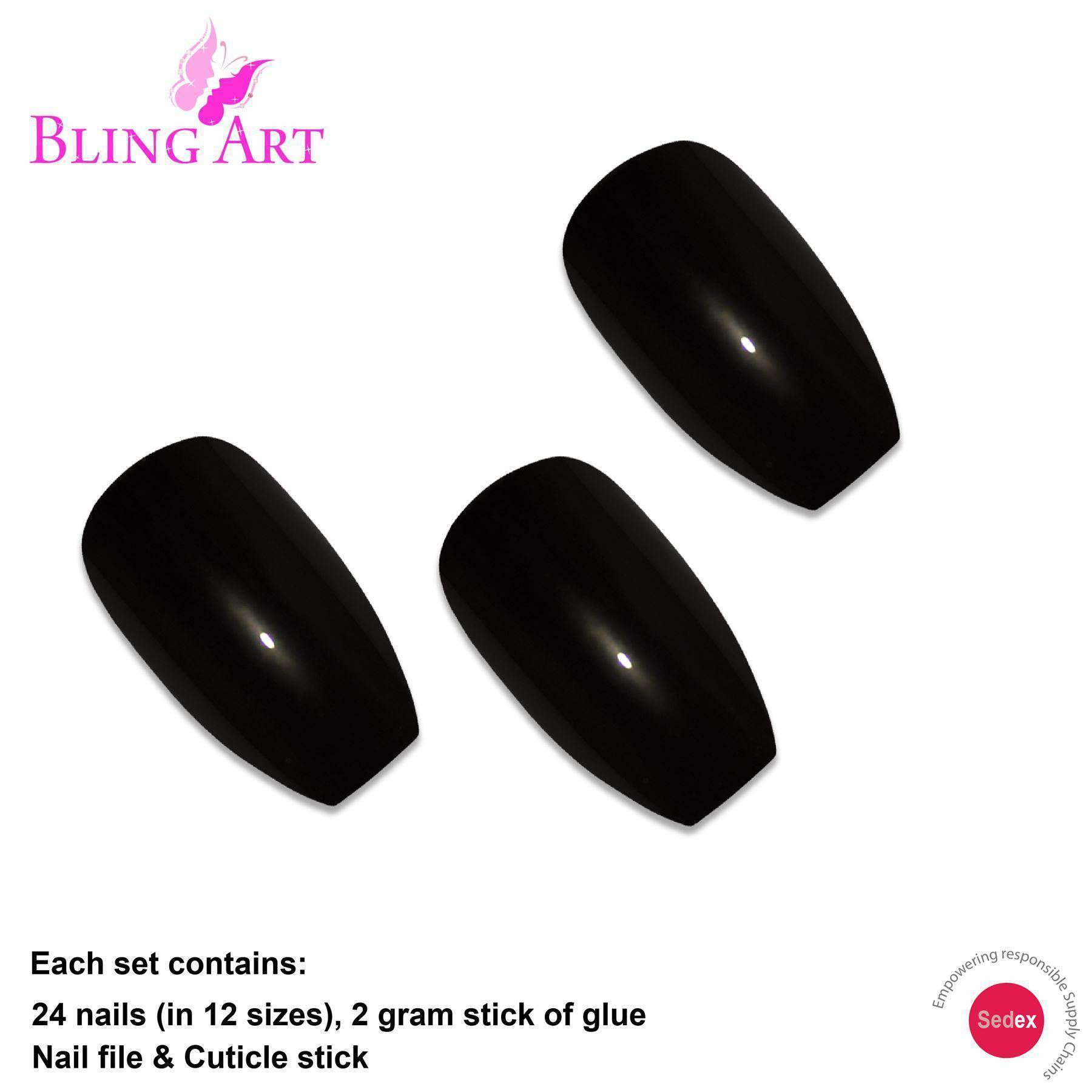 A set of 24 black polished ballerina coffin long acrylic false nails, showcasing their elegant design and included accessories like glue, nail file, and cuticle stick.