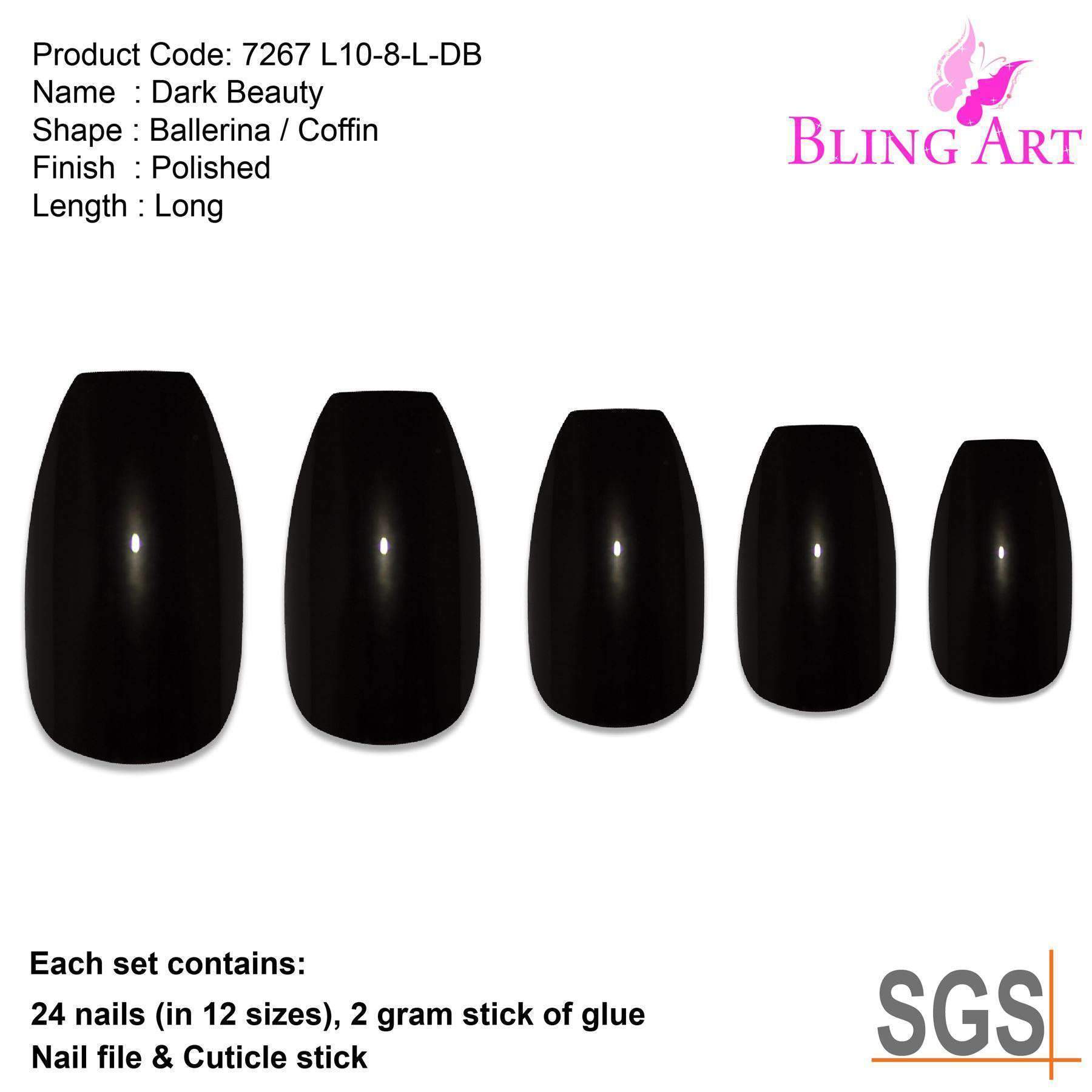 A set of 24 black polished ballerina coffin long acrylic false nails, showcasing their elegant design and included accessories like glue, nail file, and cuticle stick.