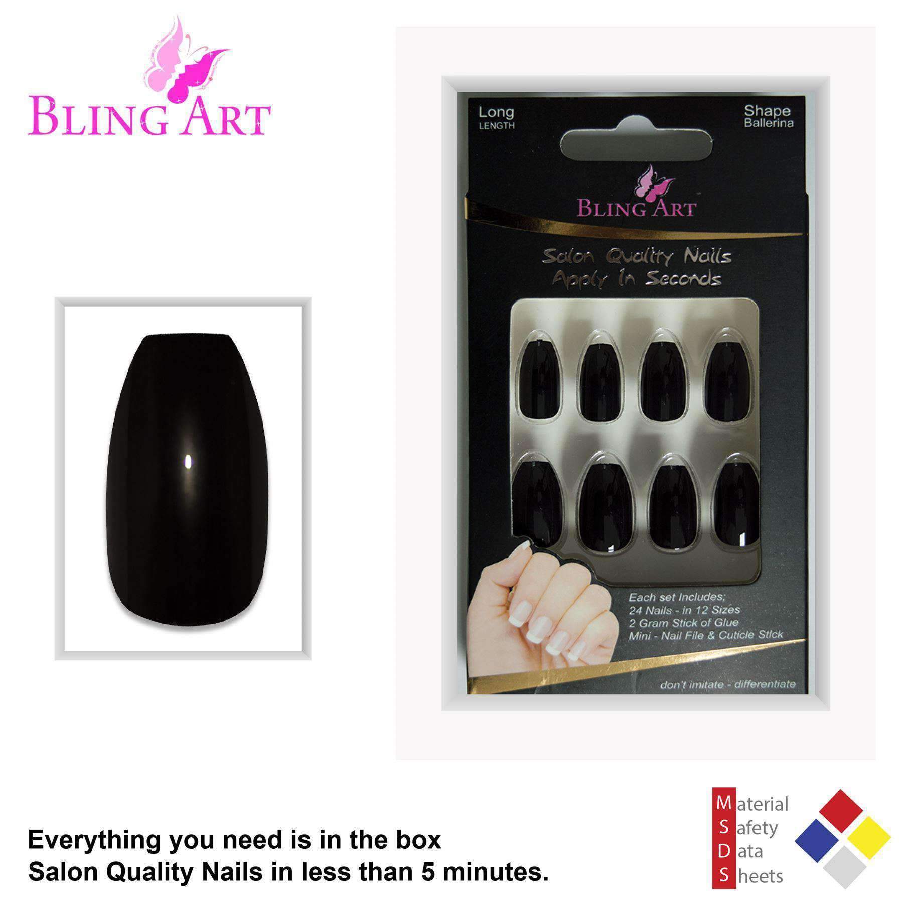 A set of 24 black polished ballerina coffin long acrylic false nails, showcasing their elegant design and included accessories like glue, nail file, and cuticle stick.