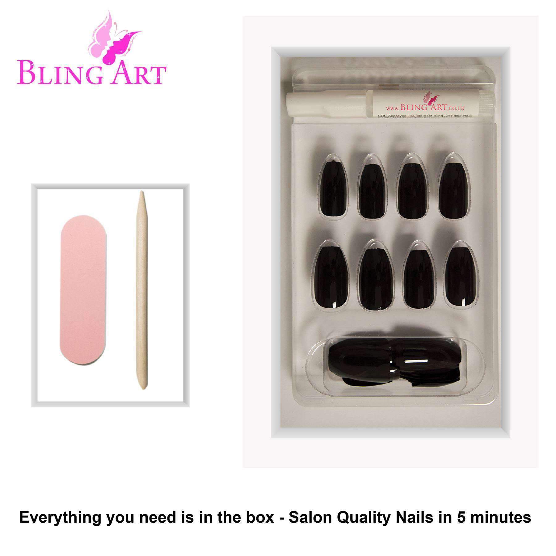 A set of 24 black polished ballerina coffin long acrylic false nails, showcasing their elegant design and included accessories like glue, nail file, and cuticle stick.