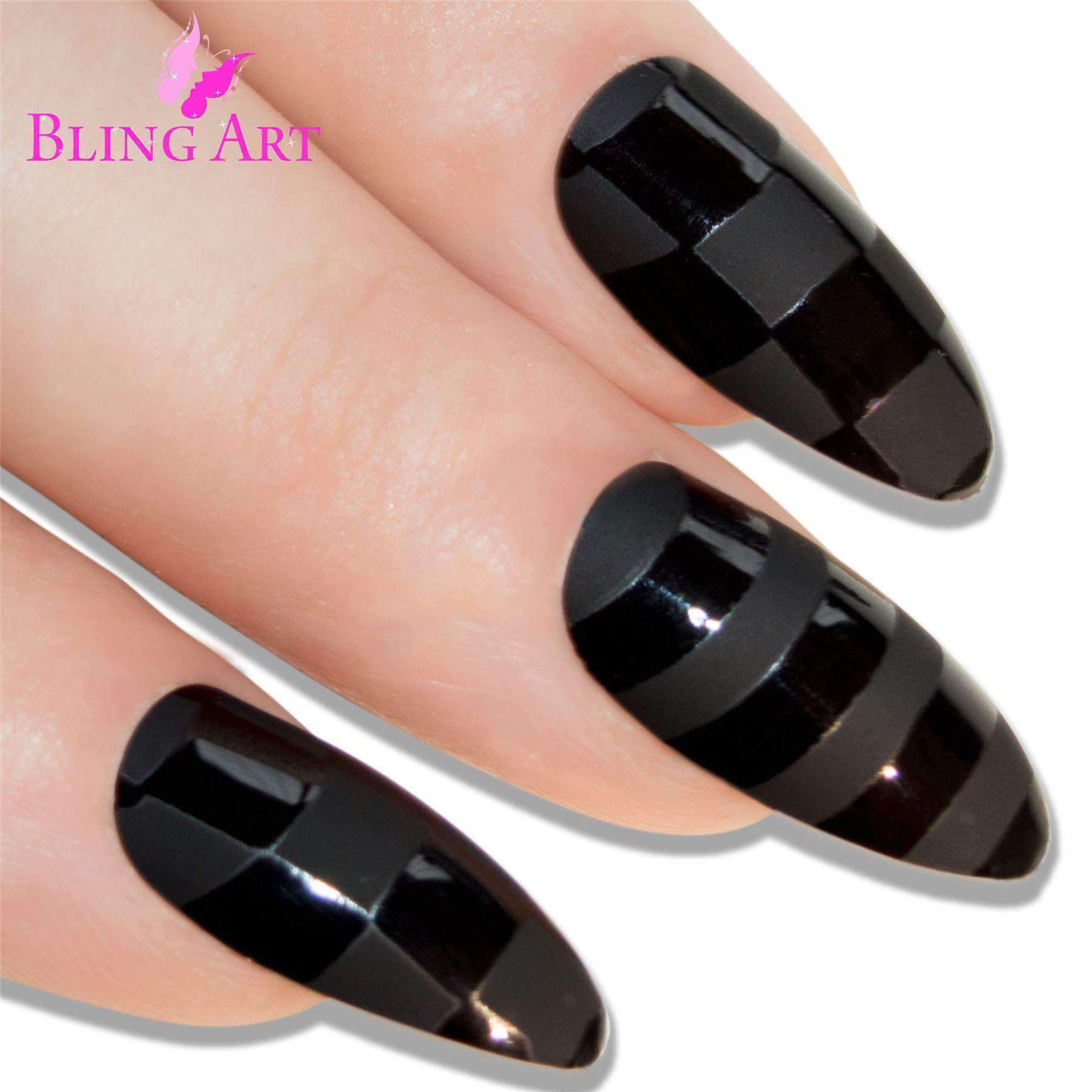 Bling Art Matte Black Almond Stiletto Long Fake Acrylic nails displayed in a stylish arrangement, showcasing their unique color-blocked matte finish and included accessories.