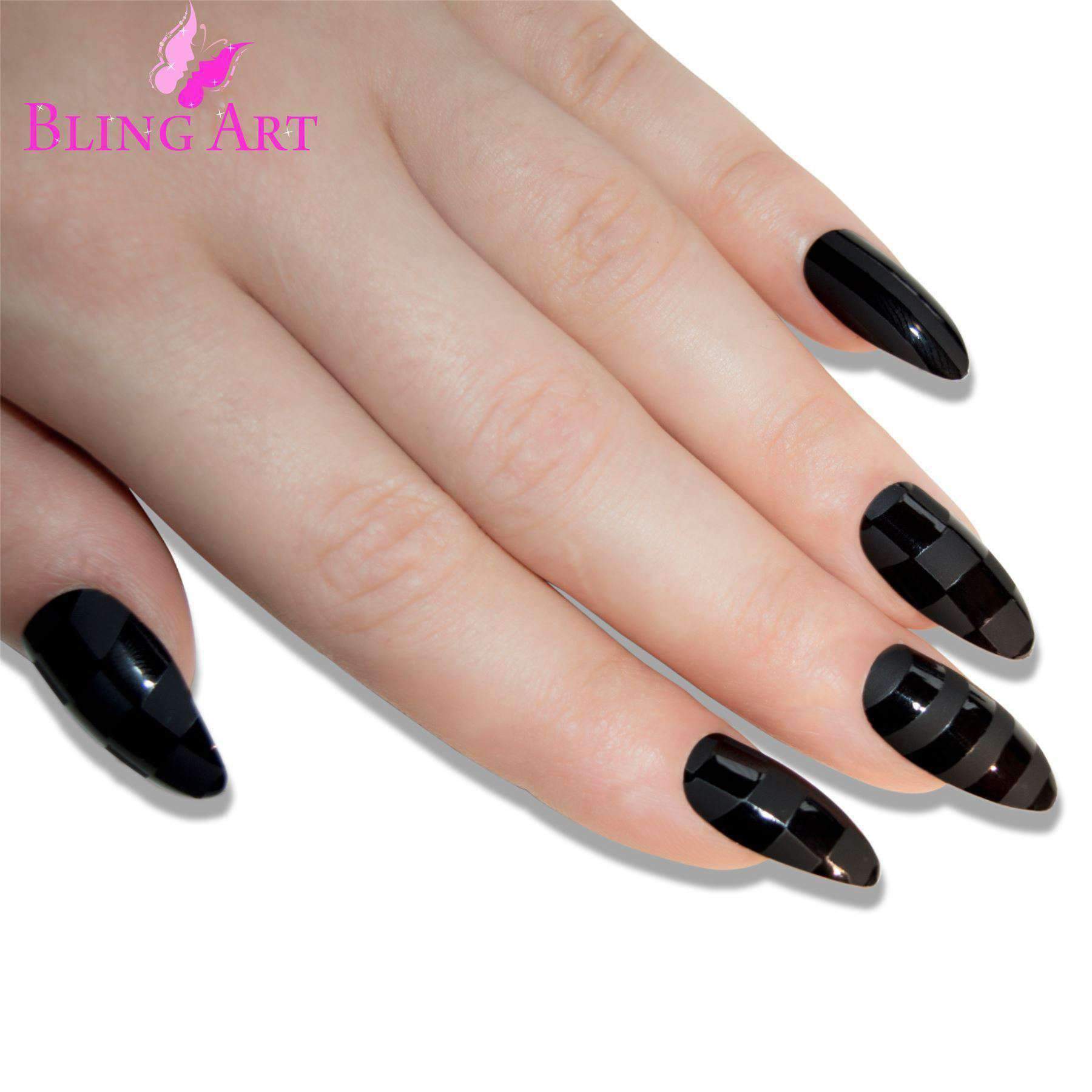 Bling Art Matte Black Almond Stiletto Long Fake Acrylic nails displayed in a stylish arrangement, showcasing their unique color-blocked matte finish and included accessories.