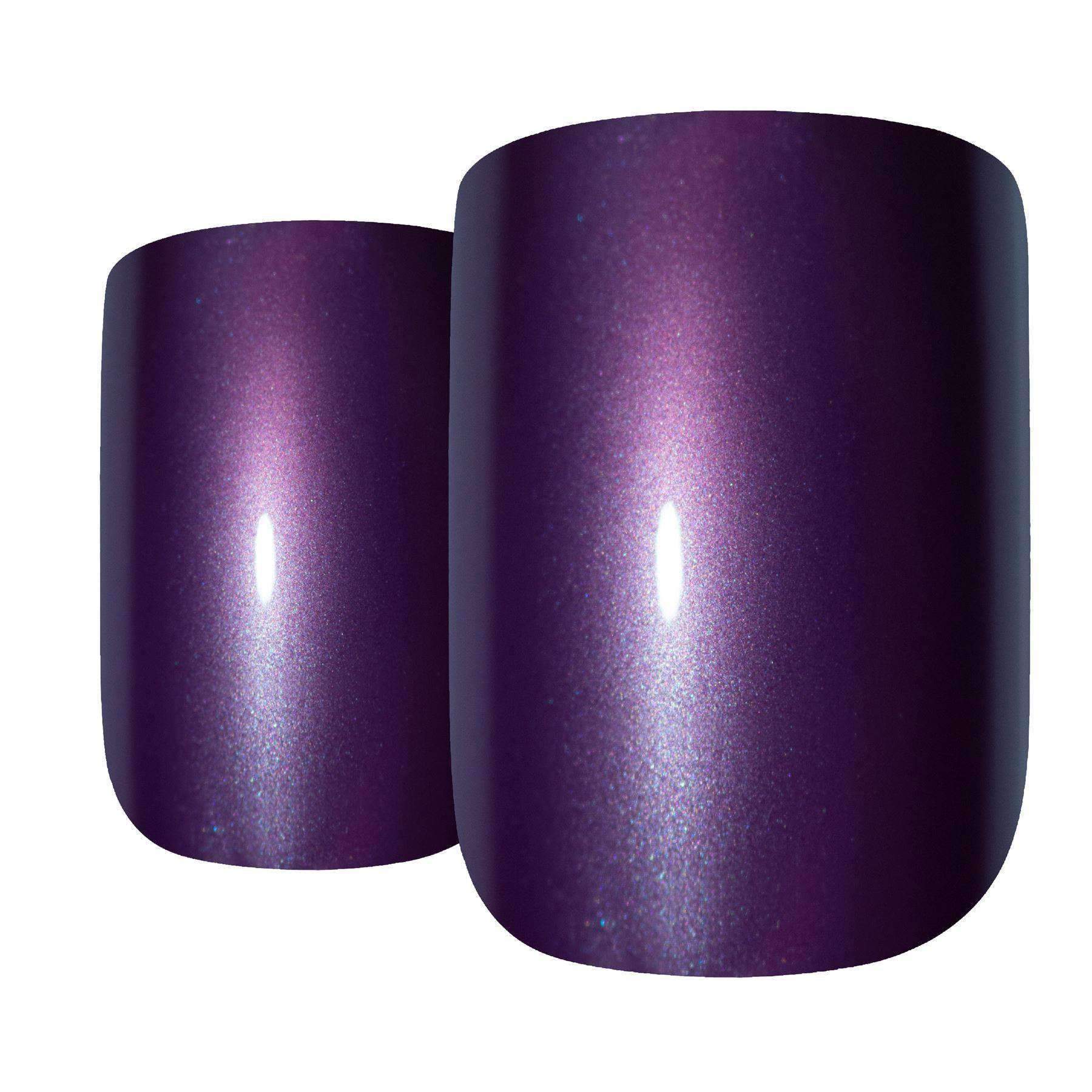 A set of 24 medium purple acrylic fake nails with a high shine finish, including a nail file, glue, and cuticle stick, displayed elegantly.