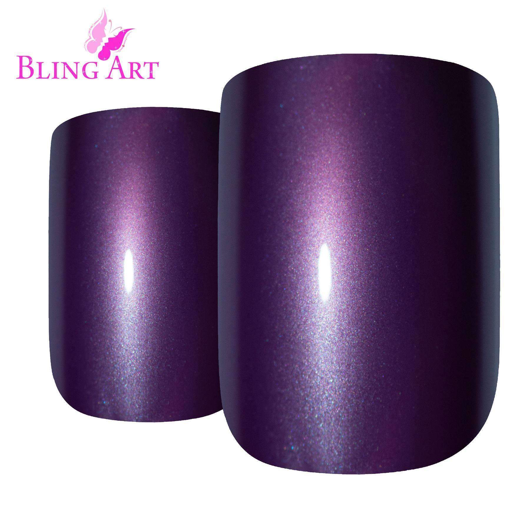 A set of 24 medium purple acrylic fake nails with a high shine finish, including a nail file, glue, and cuticle stick, displayed elegantly.