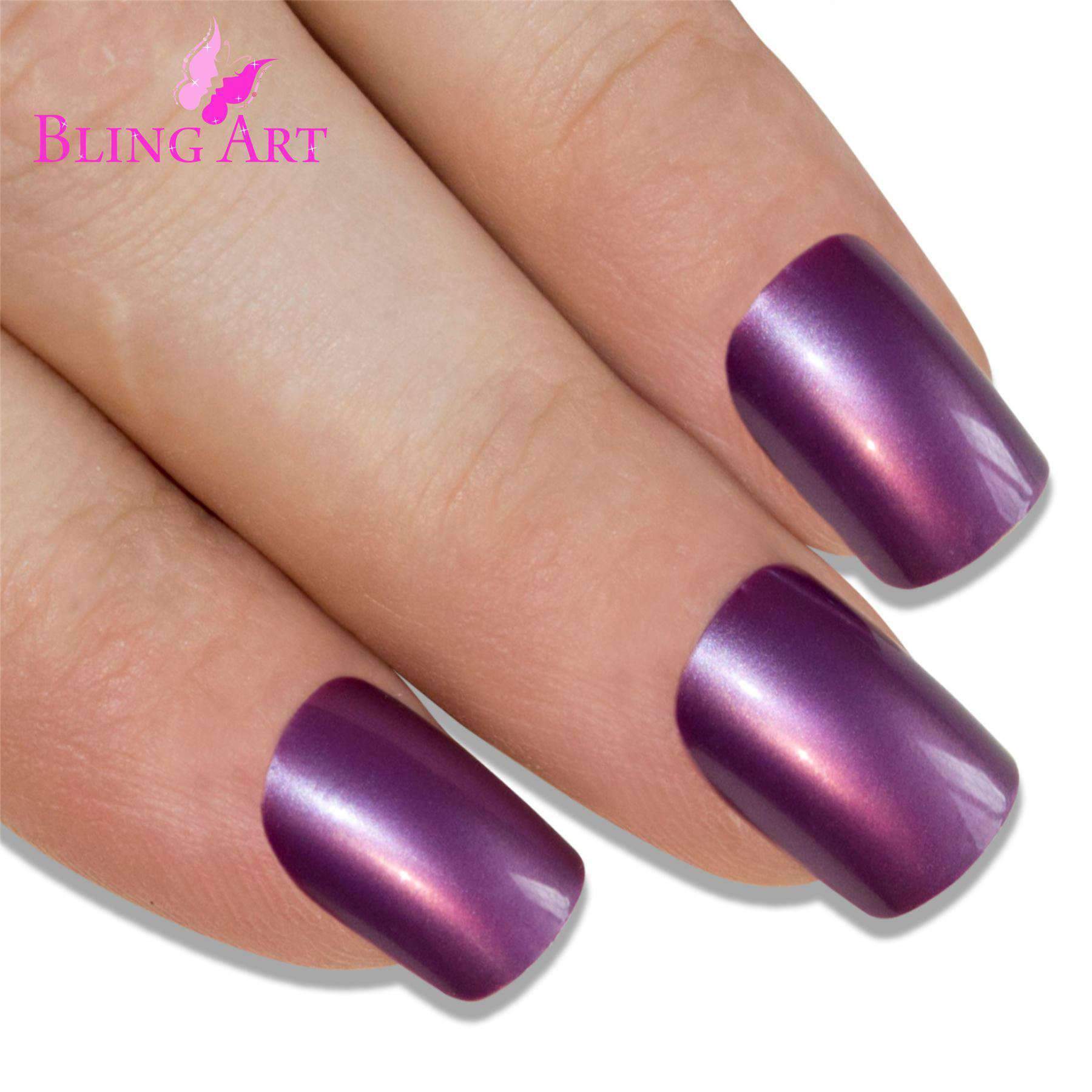 A set of 24 medium purple acrylic fake nails with a high shine finish, including a nail file, glue, and cuticle stick, displayed elegantly.