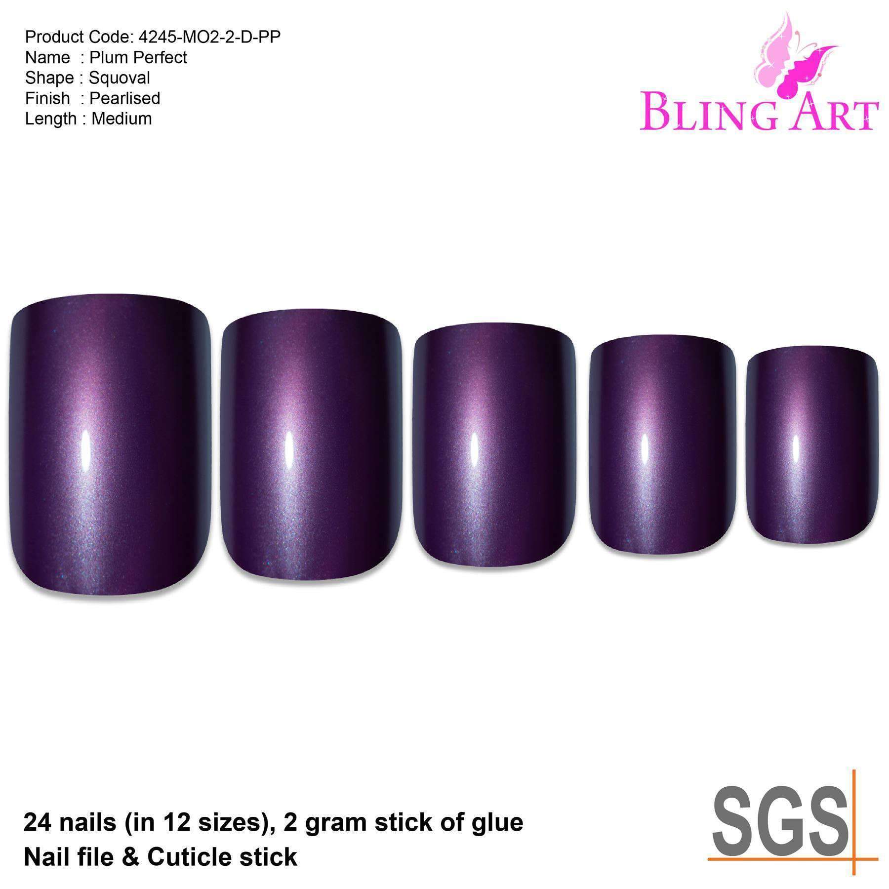 A set of 24 medium purple acrylic fake nails with a high shine finish, including a nail file, glue, and cuticle stick, displayed elegantly.