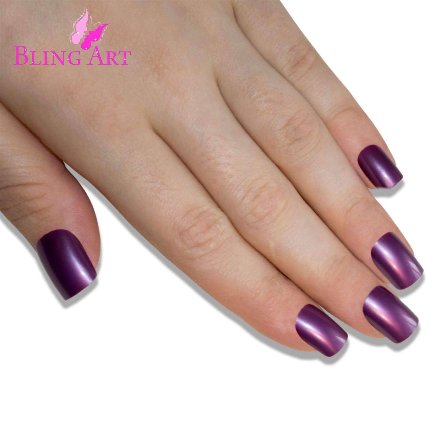 A set of 24 medium purple acrylic fake nails with a high shine finish, including a nail file, glue, and cuticle stick, displayed elegantly.