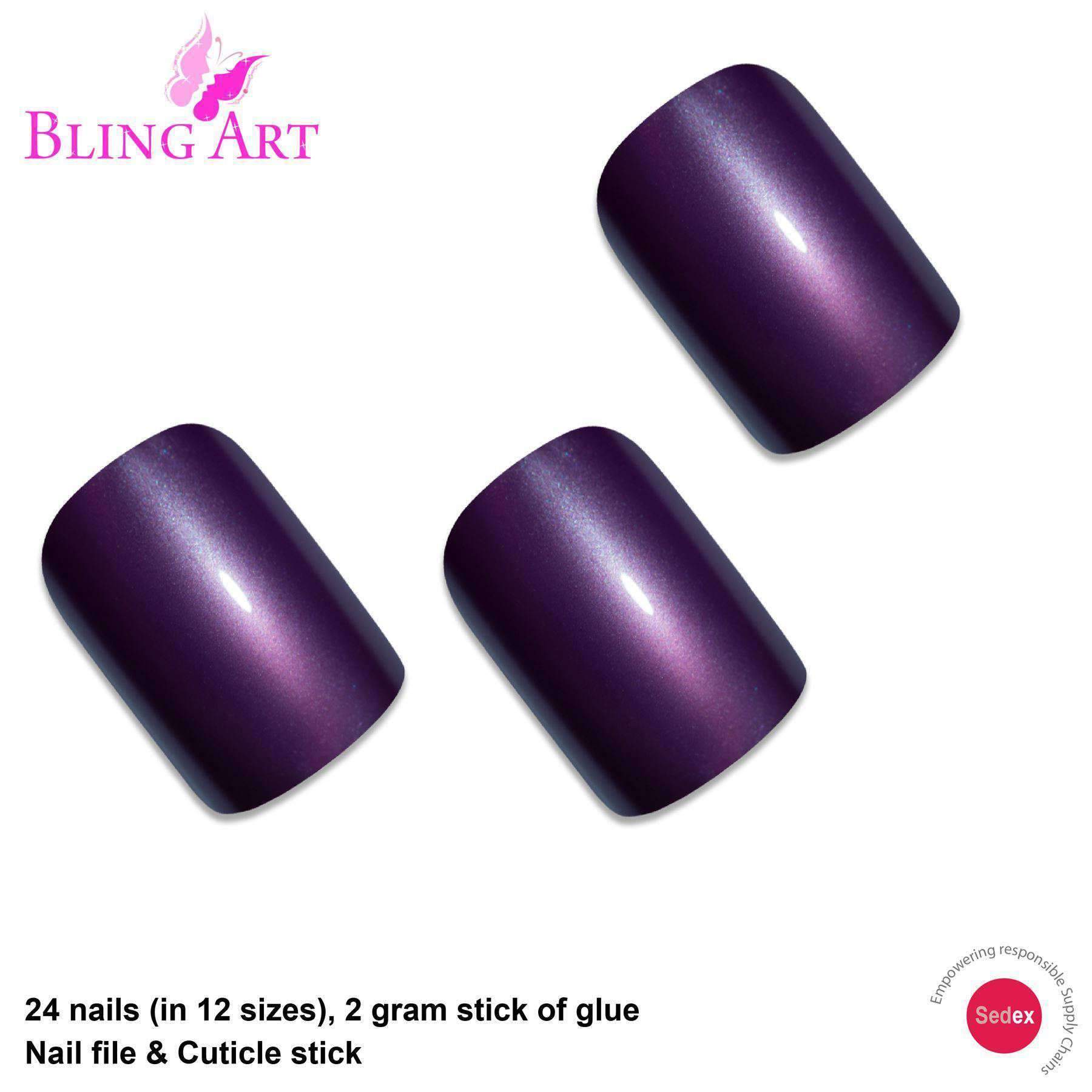 A set of 24 medium purple acrylic fake nails with a high shine finish, including a nail file, glue, and cuticle stick, displayed elegantly.