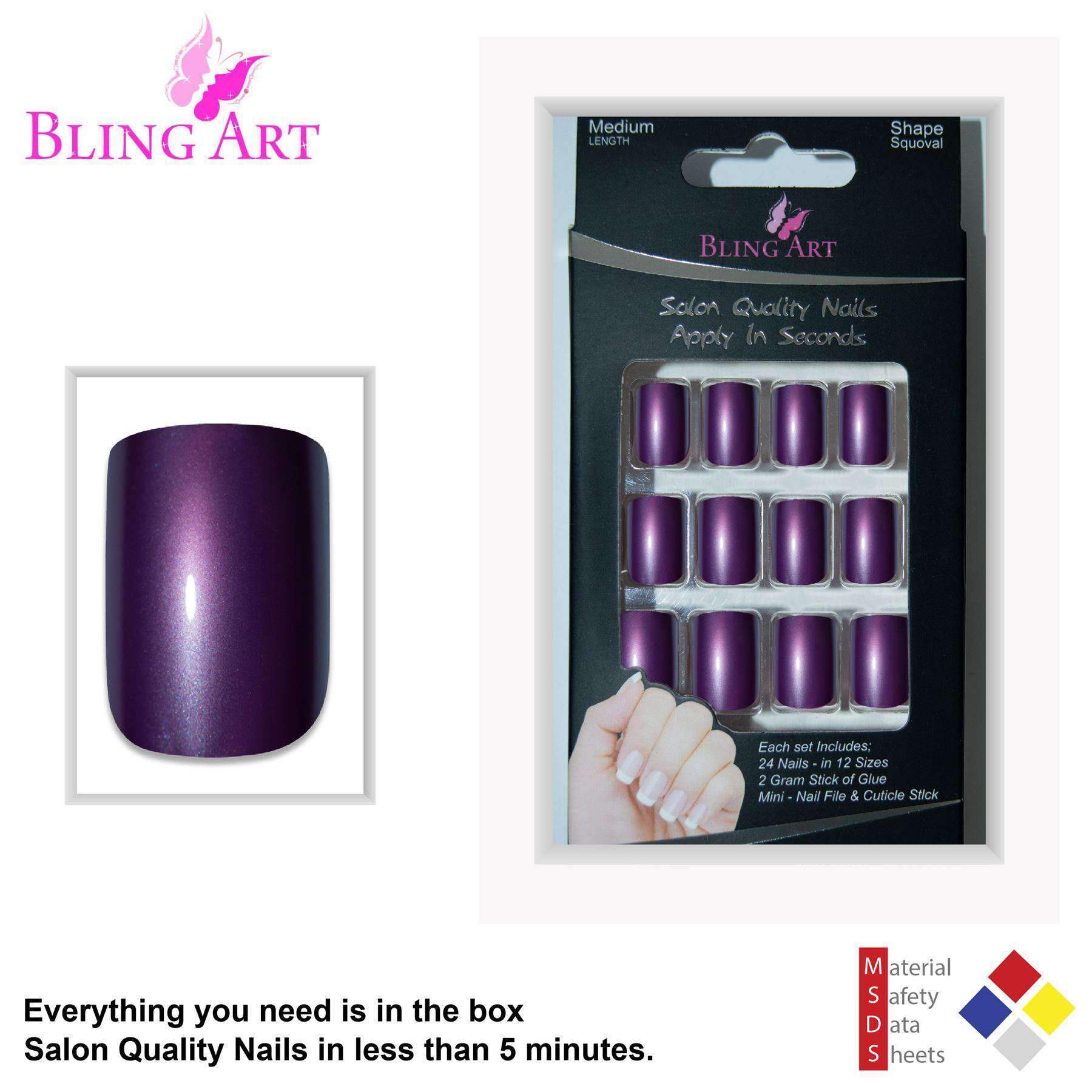 A set of 24 medium purple acrylic fake nails with a high shine finish, including a nail file, glue, and cuticle stick, displayed elegantly.