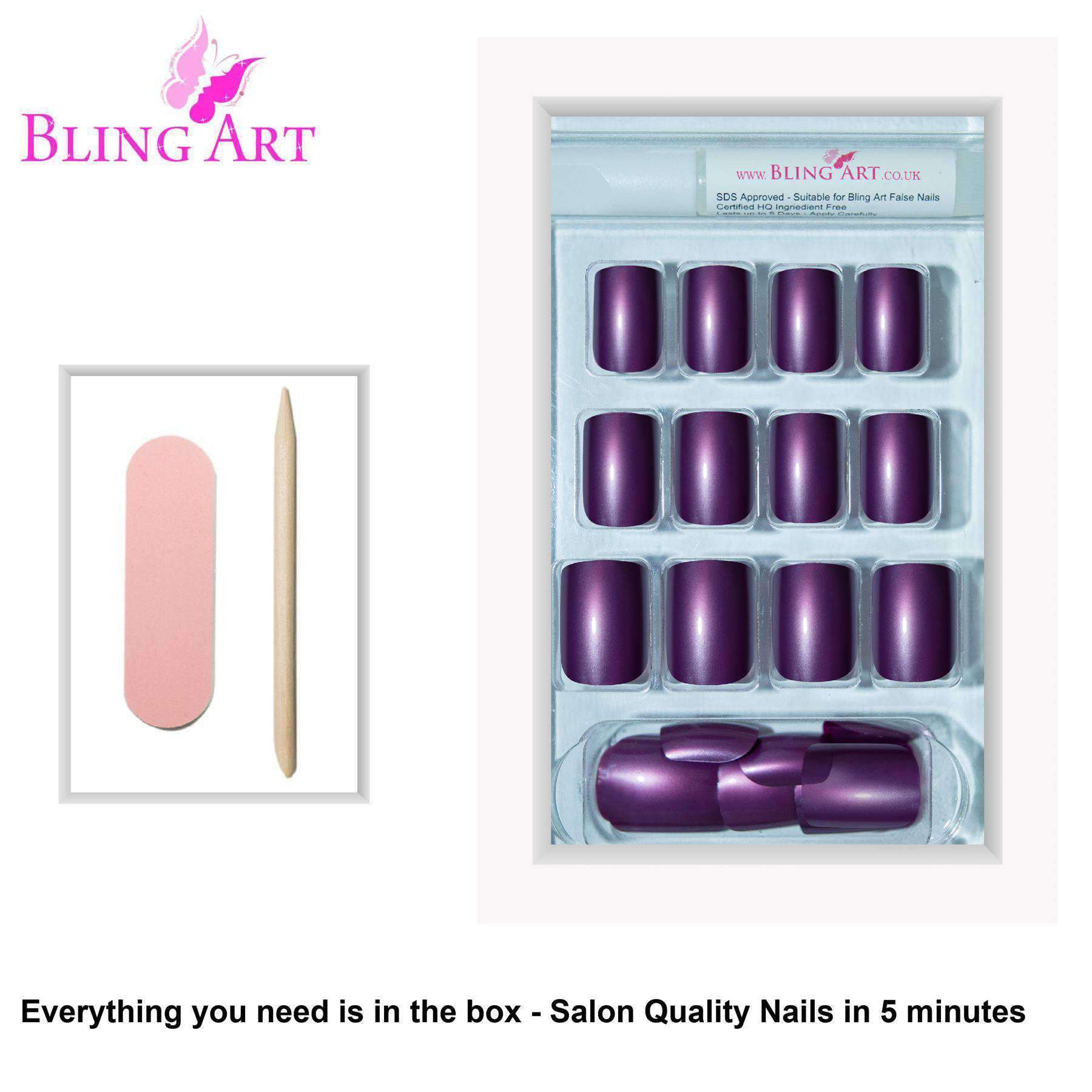 A set of 24 medium purple acrylic fake nails with a high shine finish, including a nail file, glue, and cuticle stick, displayed elegantly.