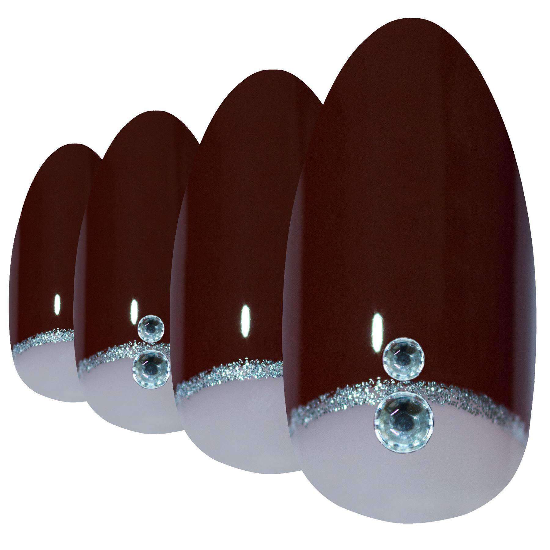 A set of Bling Art Red Brown Almond Stiletto Long Fake Acrylic Tips featuring elegant crystal details, including 24 nails in various sizes, glue, nail file, and cuticle stick.